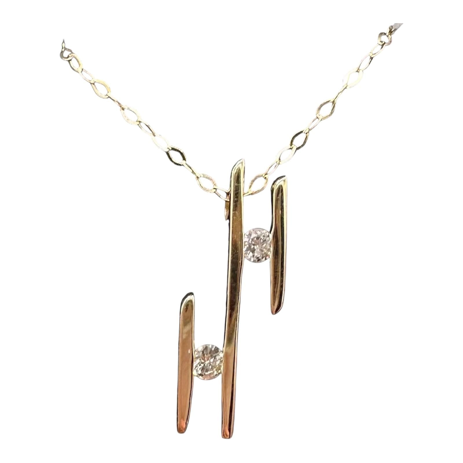 14K Yellow Gold Diamond Ladder Necklace 0.14ct 18 Inch