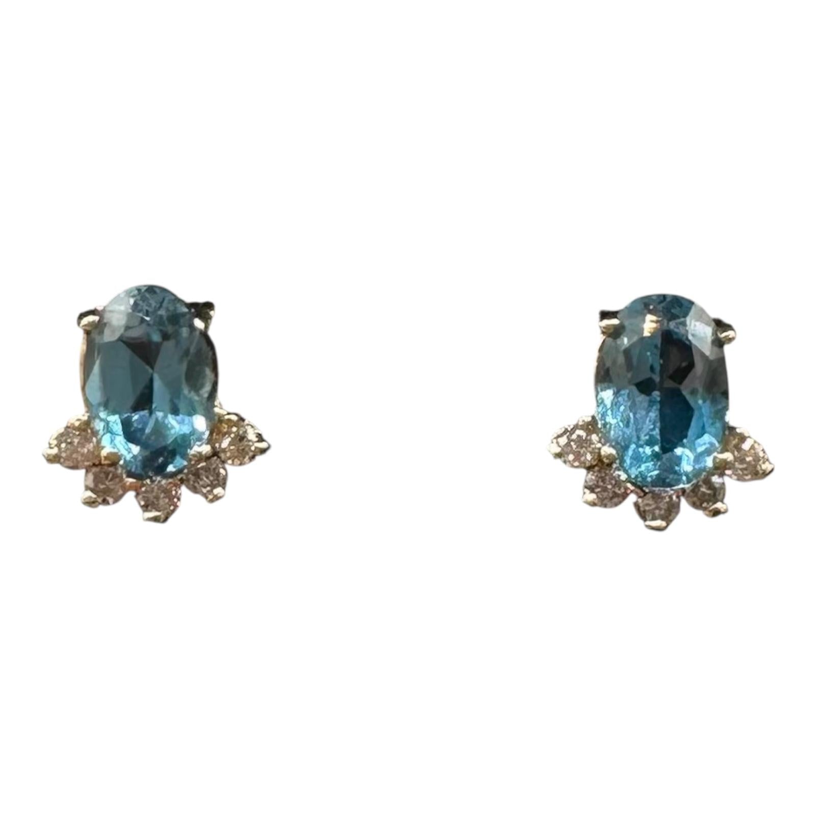 Topaz Diamond Earrings 14kt Yellow Gold Oval Estate Push Back