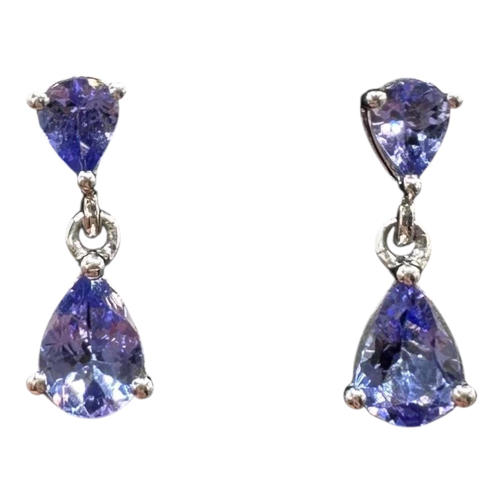 Tanzanite Drop Dangle Earrings in 14kt White Gold, 1.25ctw Pear Cut, Pre-Loved