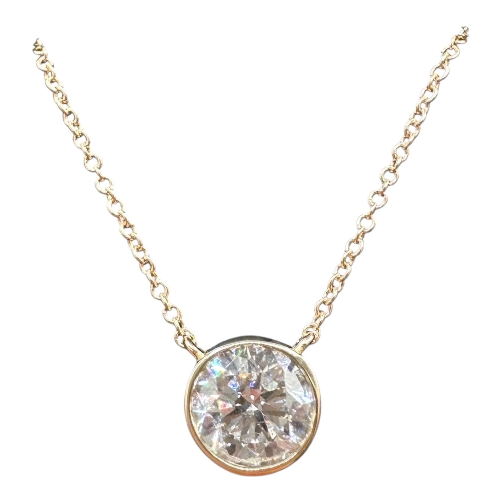 GIA 1 Carat Round Diamond Bezel Necklace 14K Yellow Gold I VS2