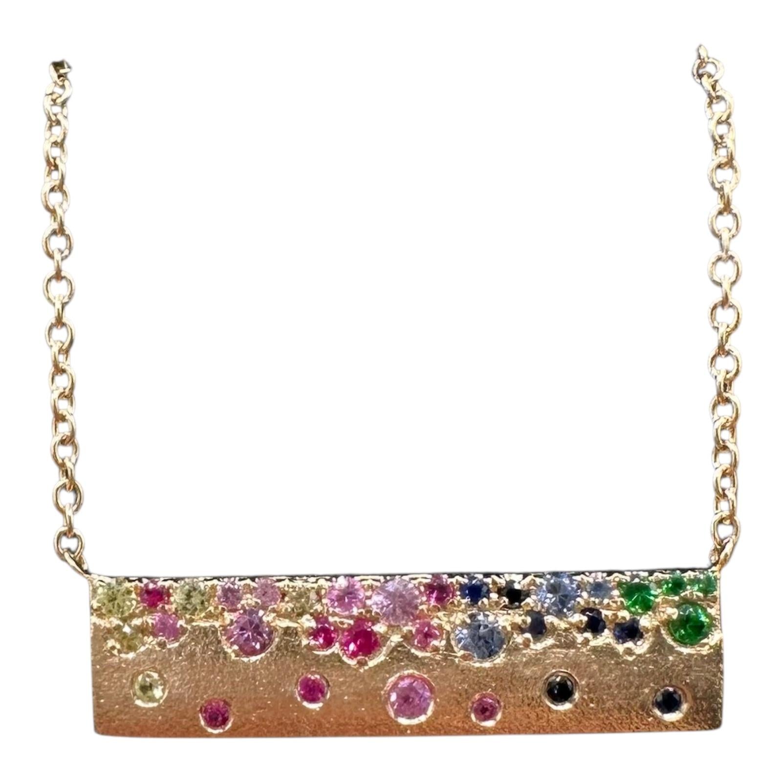 Rainbow Confetti Bar Necklace in 14kt Yellow Gold, Multi Sapphire Scattered