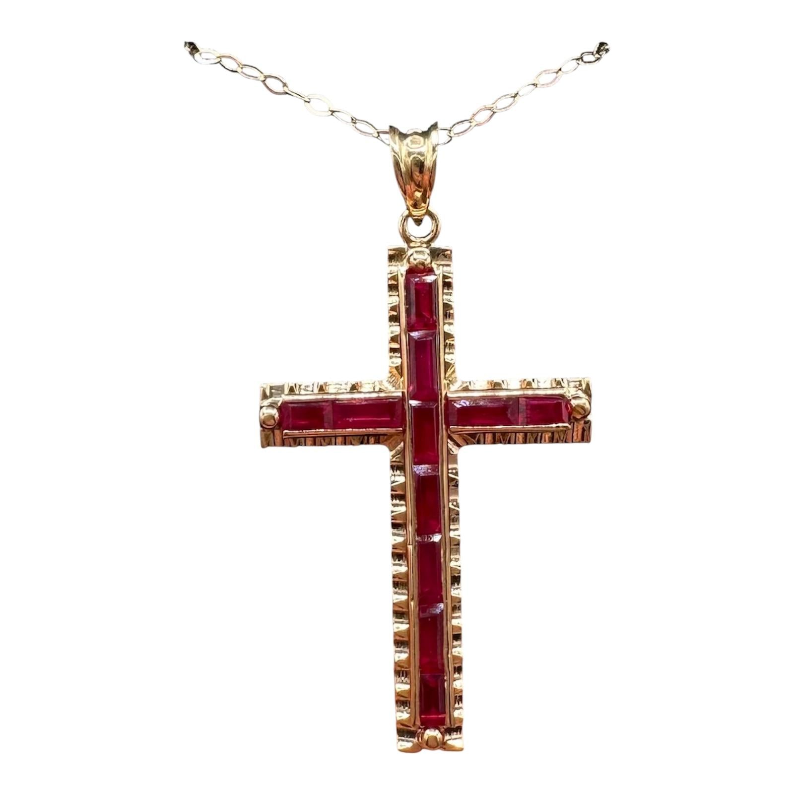 Synthetic Ruby Cross Necklace 14kt Yellow Gold Baguette Cut Estate