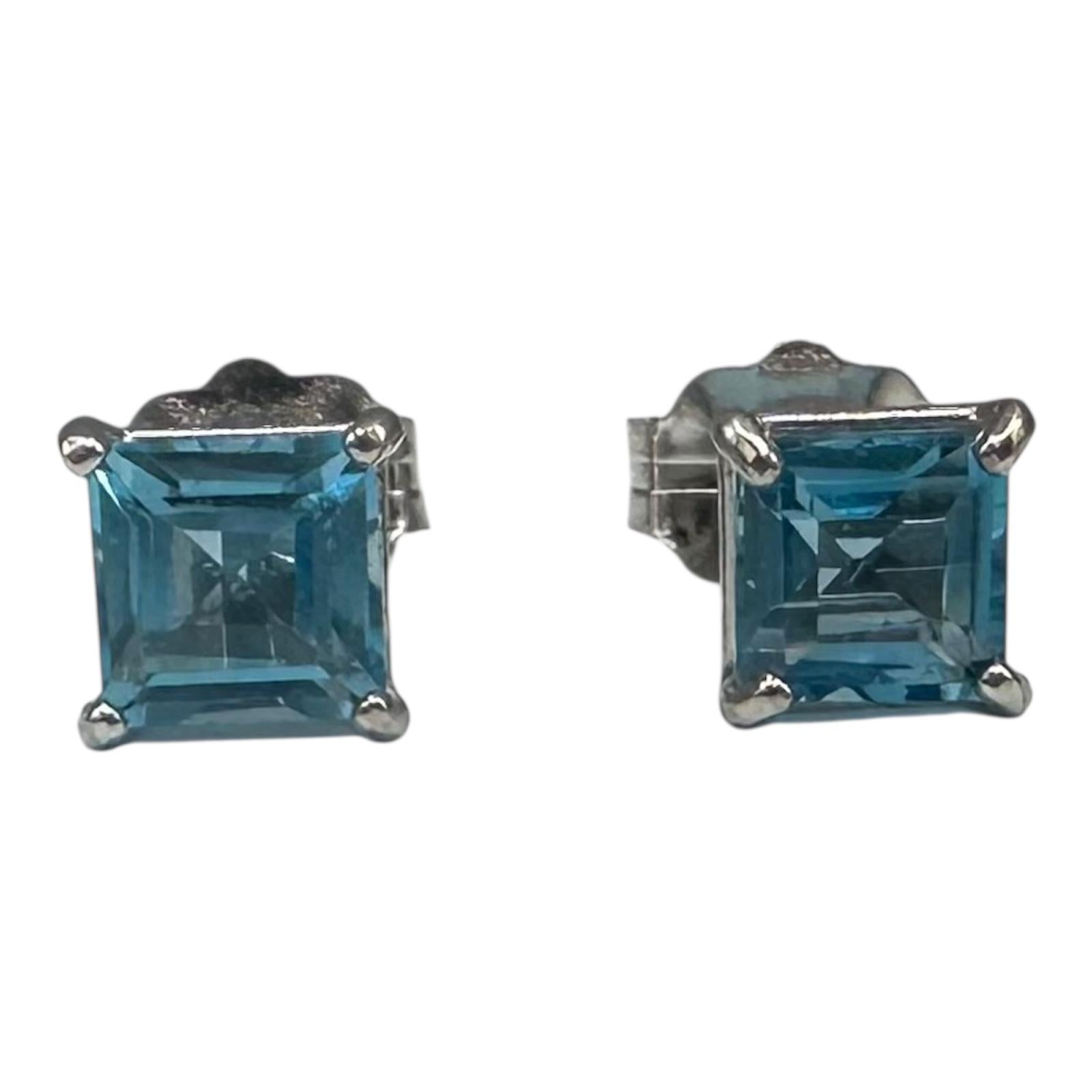 Blue Topaz Stud Earrings 14kt White Gold 4mm Emerald Cut Estate