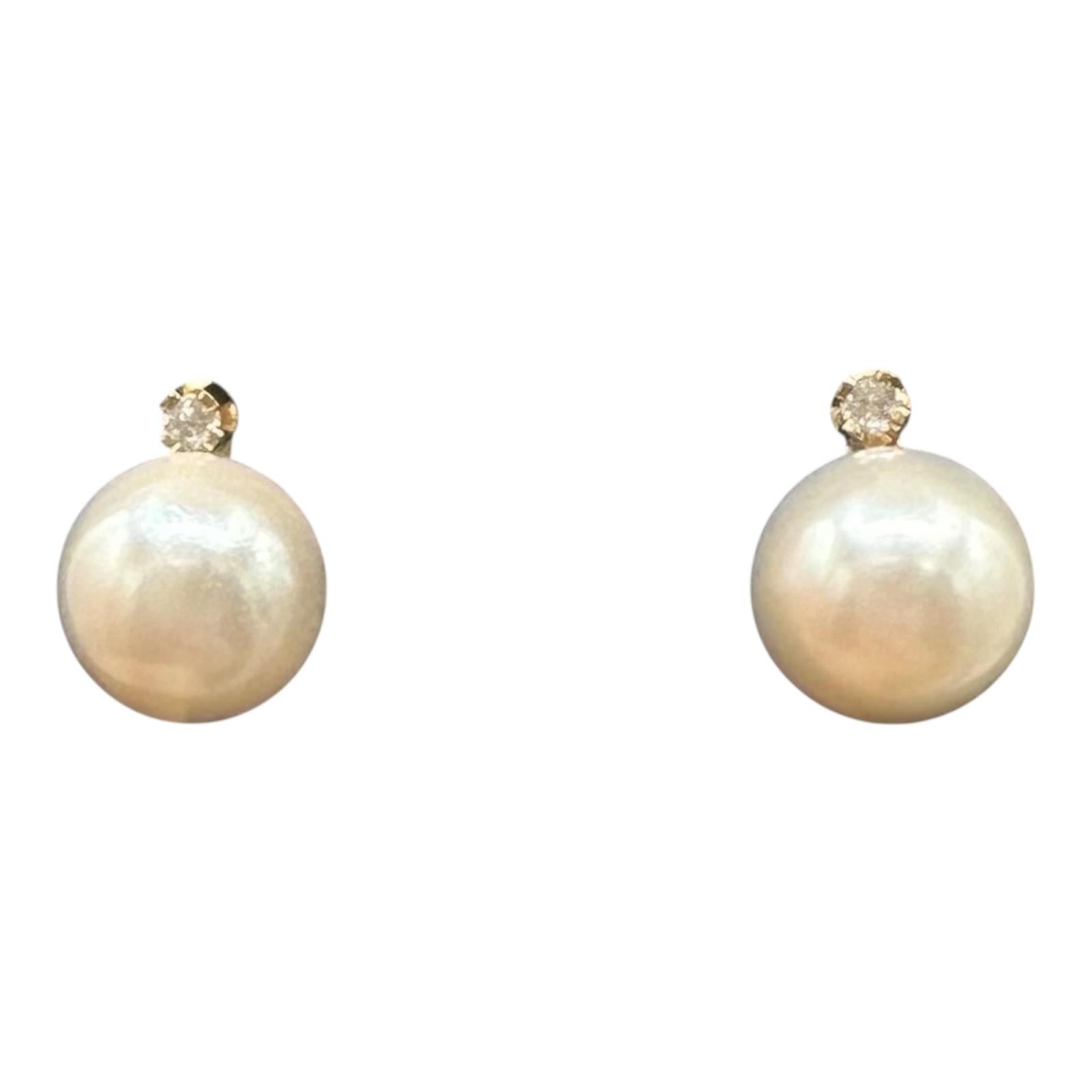 14K Yellow Gold Pearl Diamond Stud Earrings 6.3mm