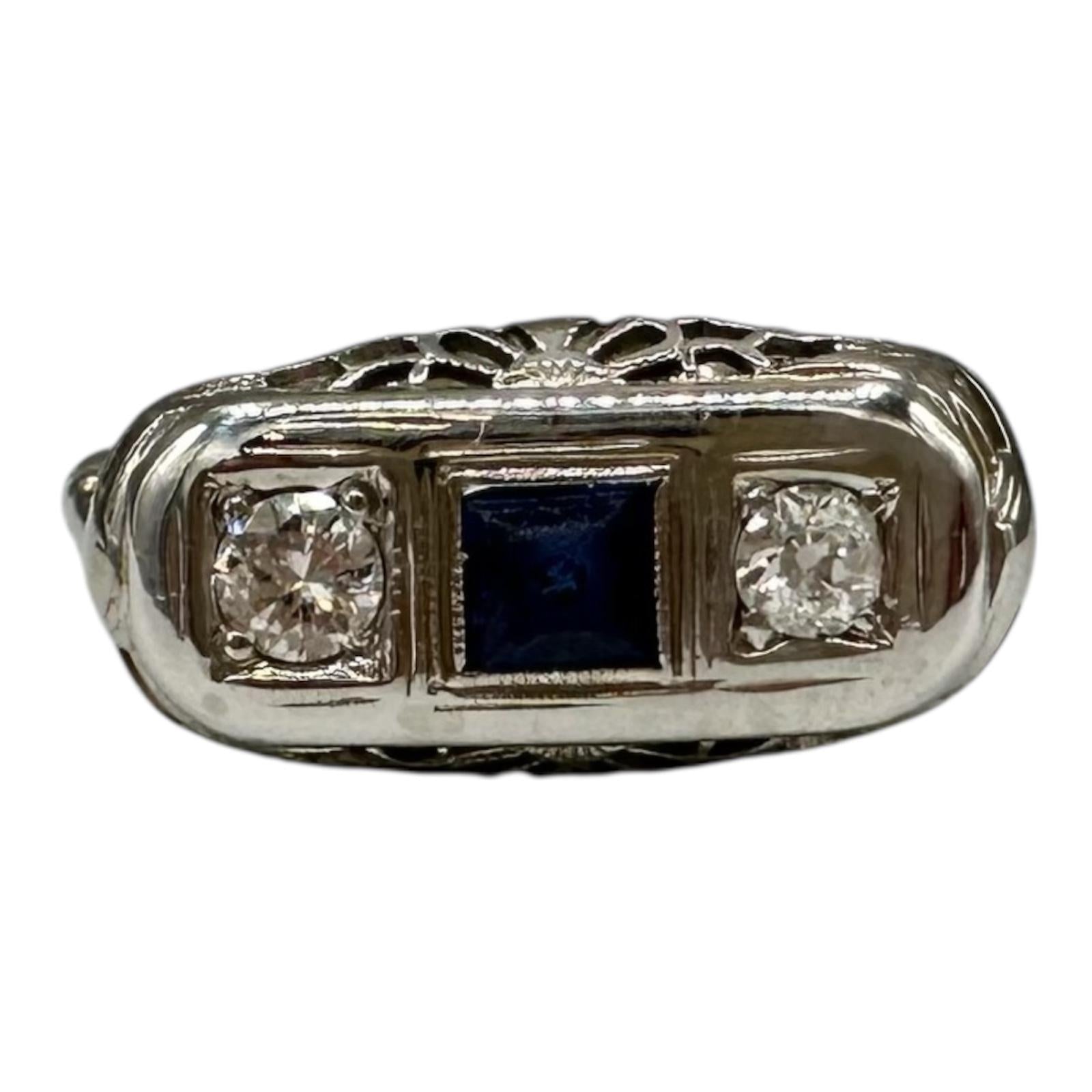 Vintage 3 Stone Diamond Sapphire Ring 18K White Gold Size 7.75