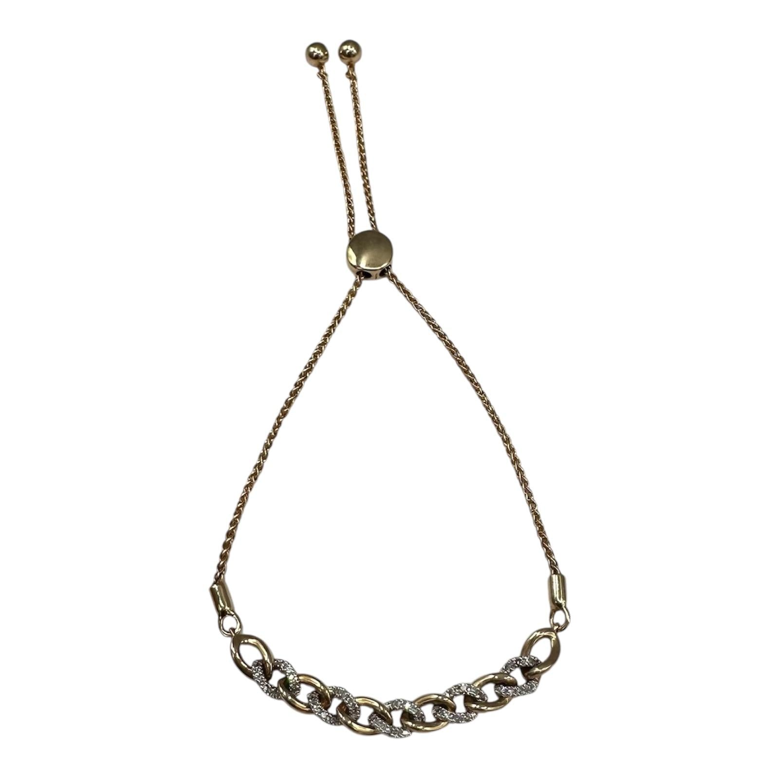 Diamond Cuban Bola Bracelet 14K Yellow Gold 0.16ct Adjustable 7.25in