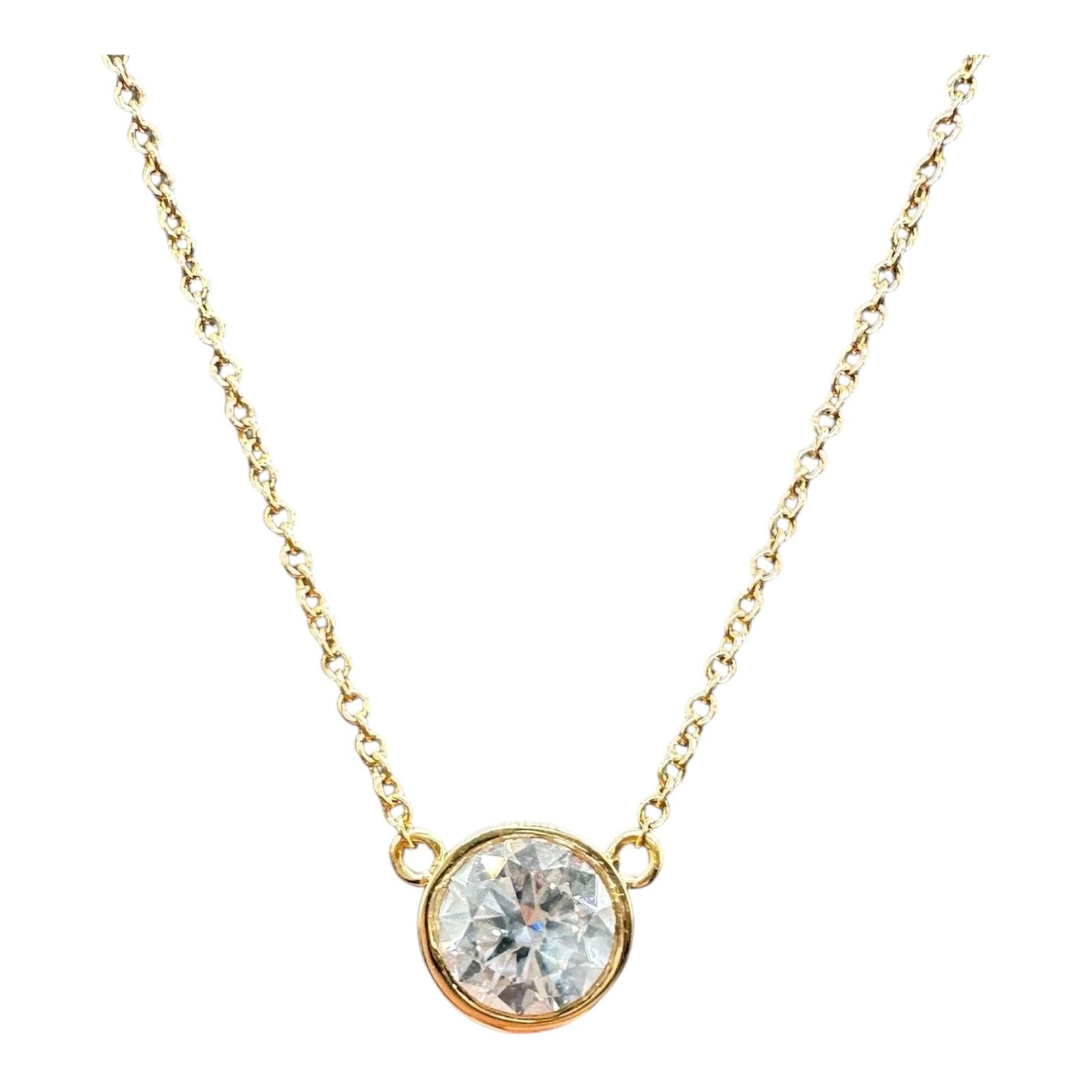 GIA 0.72ct Bezel Set Diamond Necklace 14K Yellow Gold Adjustable