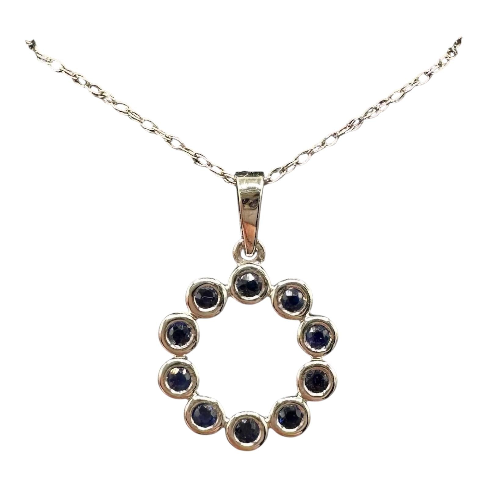Bezel Set Blue Sapphire Necklace 10K White Gold 18in New