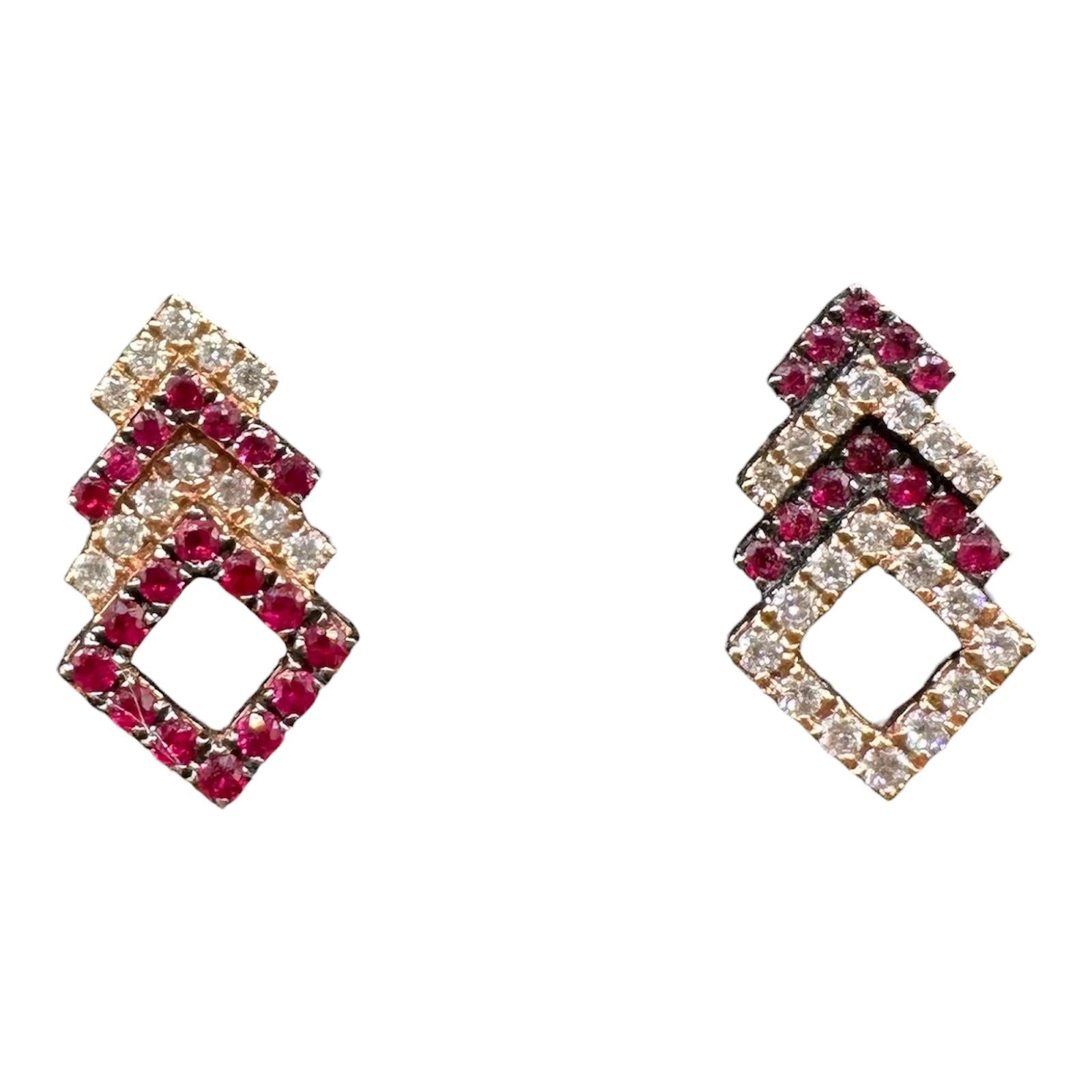 18K Rose Gold Ruby Diamond Earrings 0.25ctw Rubies 0.19ctw Diamonds