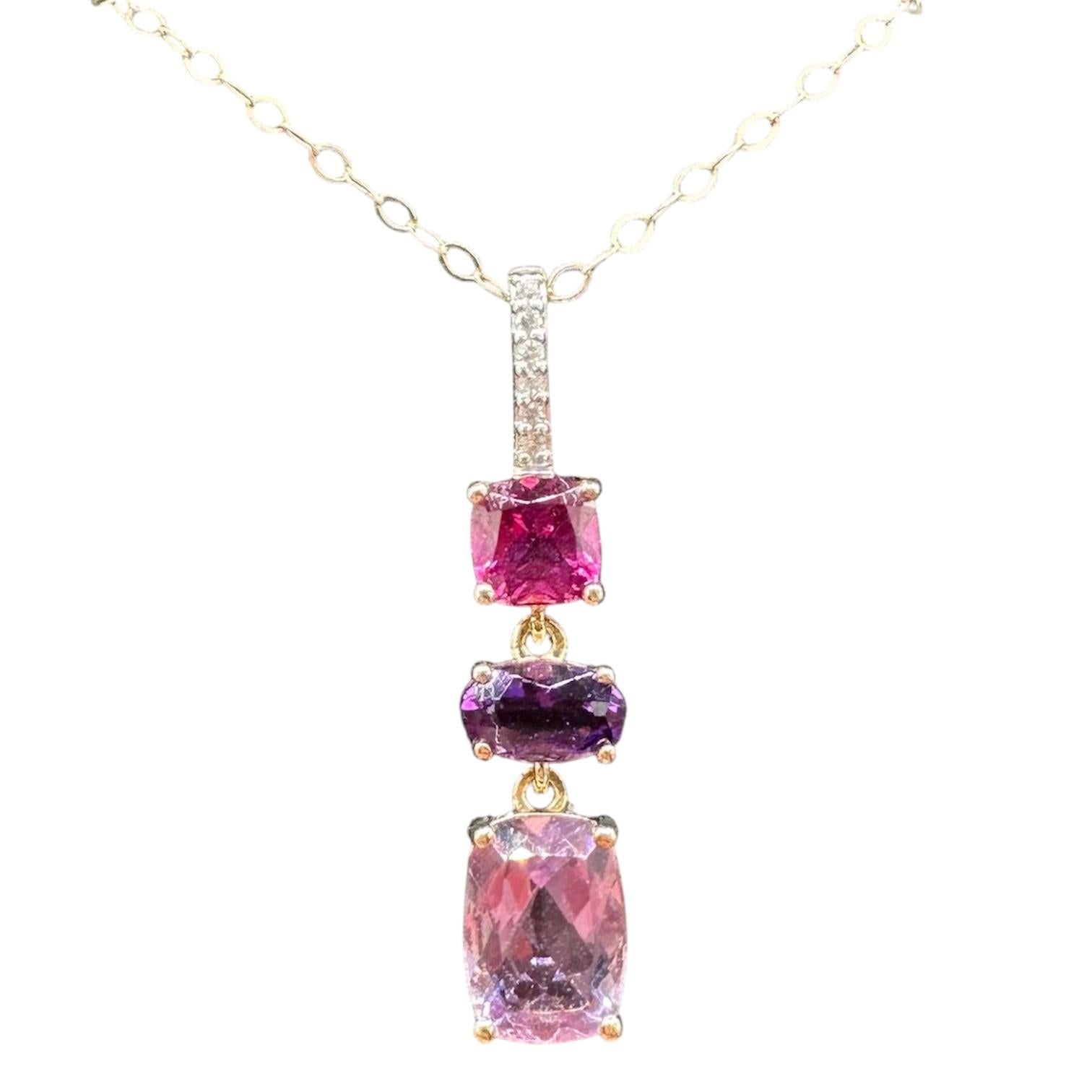 Rhodolite Amethyst Diamond Necklace 10K Yellow Gold 18in
