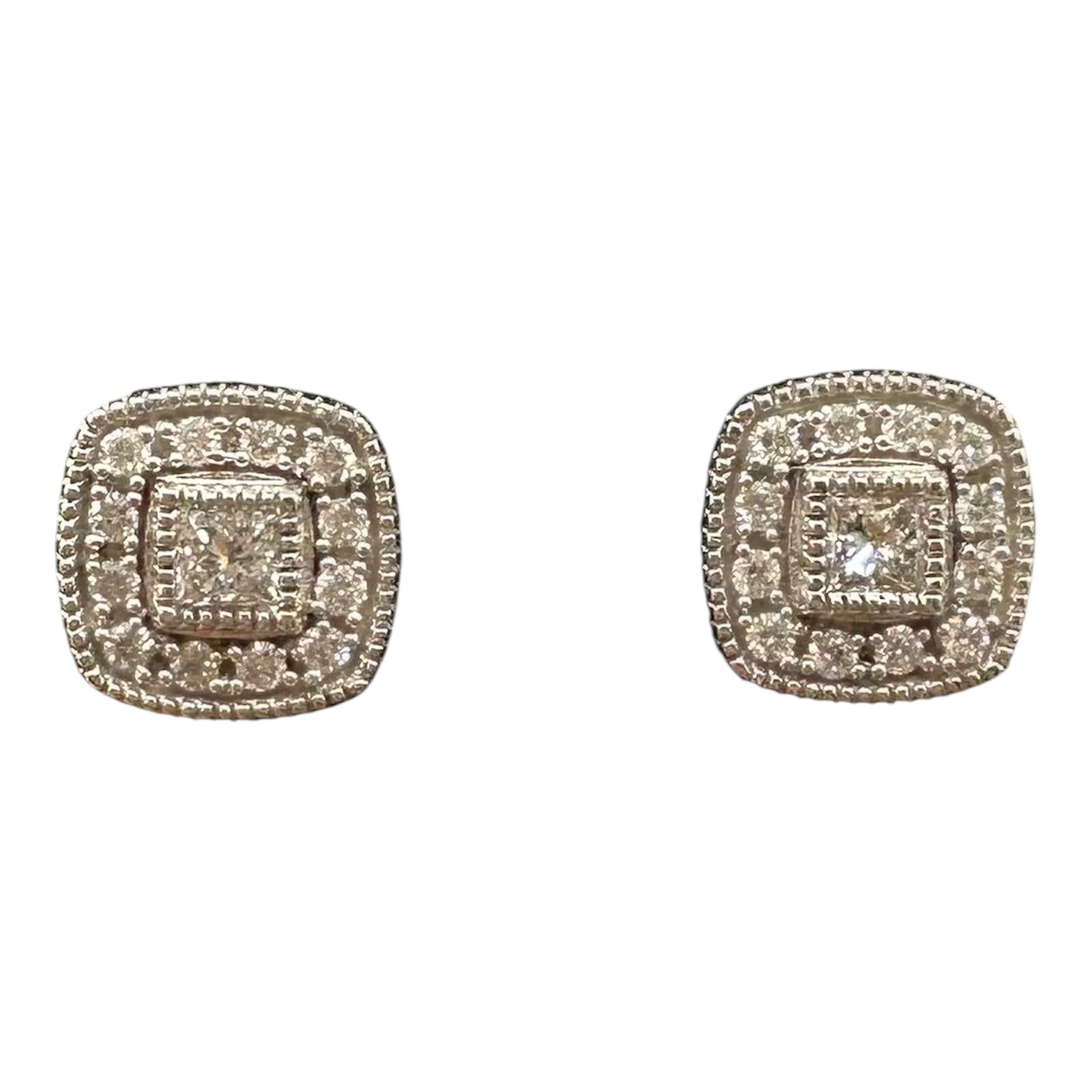 Square Diamond Halo Stud Earrings 14K White Gold 0.34ctw New