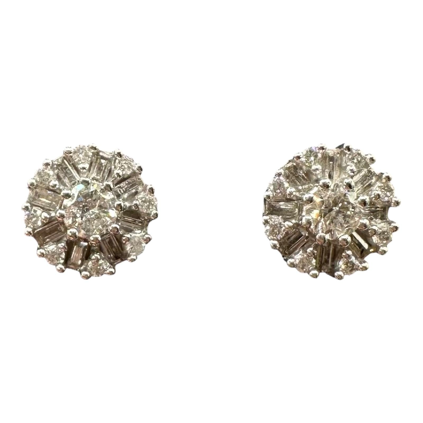 Round Baguette Diamond Stud Earrings 10K White Gold 0.75ctw