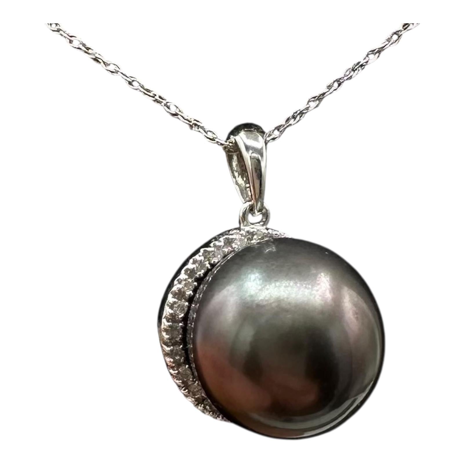 Pearl Diamond Necklace 14K White Gold 12mm 0.10ctw 18in
