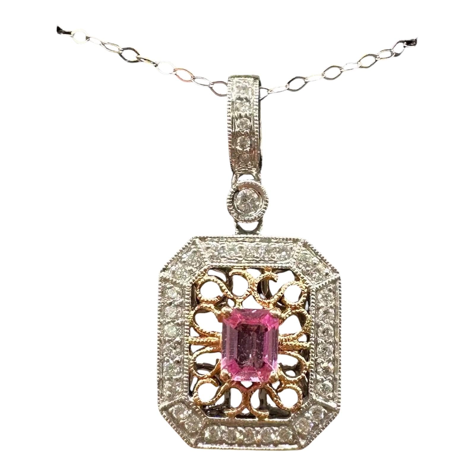 Pink Sapphire Diamond Necklace 14K White Gold 18in Pre Loved