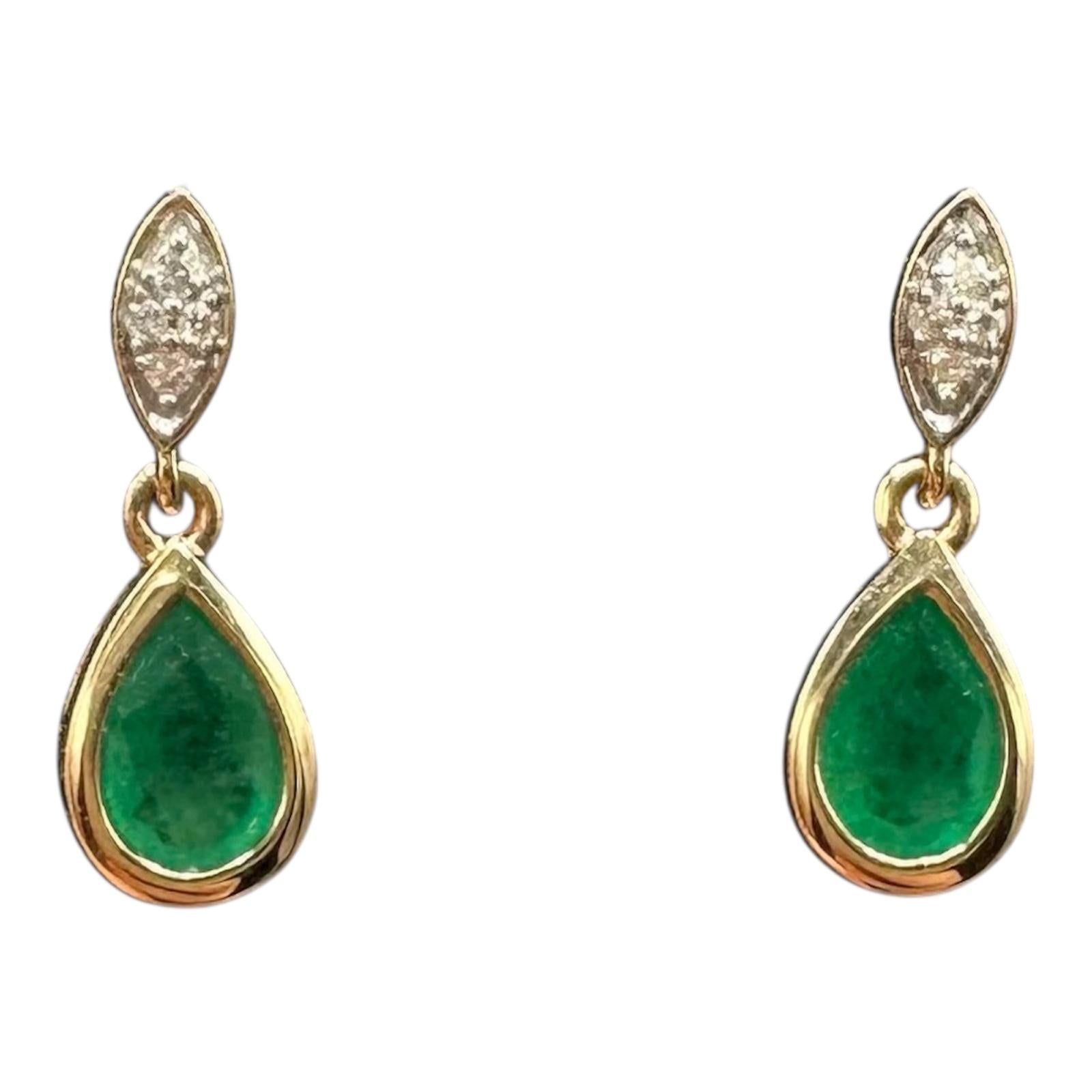 Emerald Diamond Dangle Earrings 10K Yellow Gold Pear Cut 6x4mm New