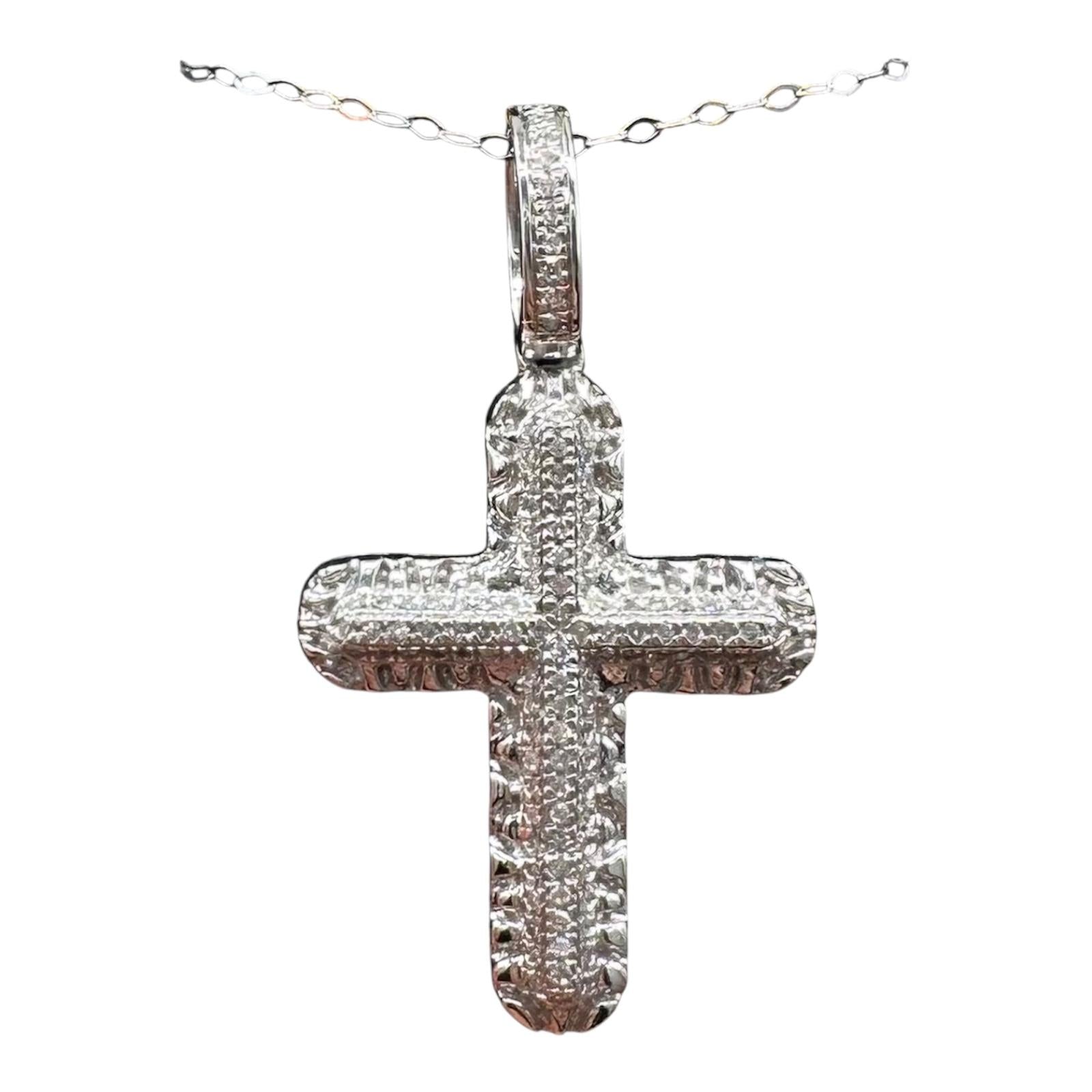 Diamond Cross Pendant Necklace 14K White Gold 0.24ctw 18in New