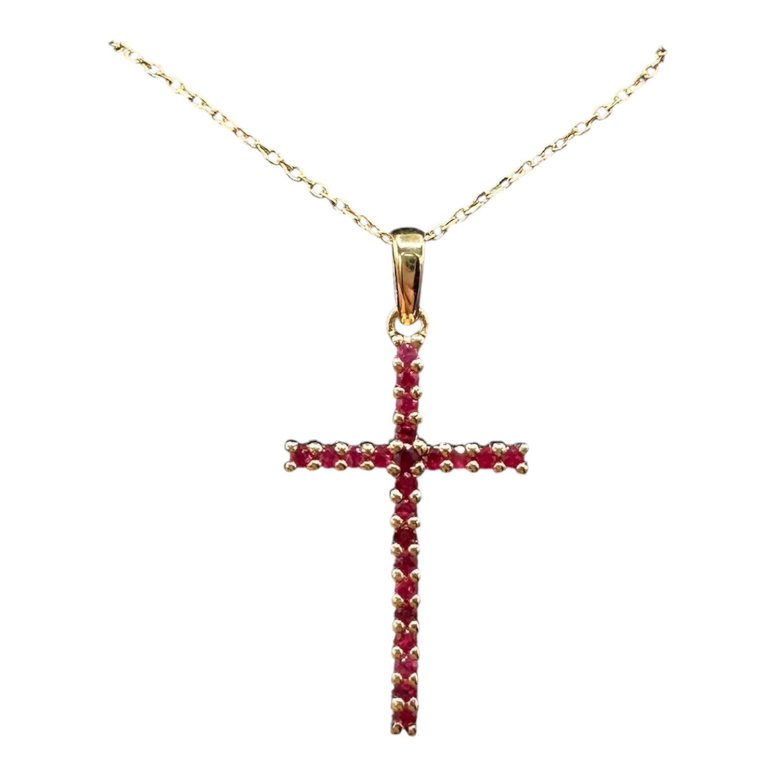 Ruby Cross Necklace 14K Yellow Gold 0.20ctw 18in New