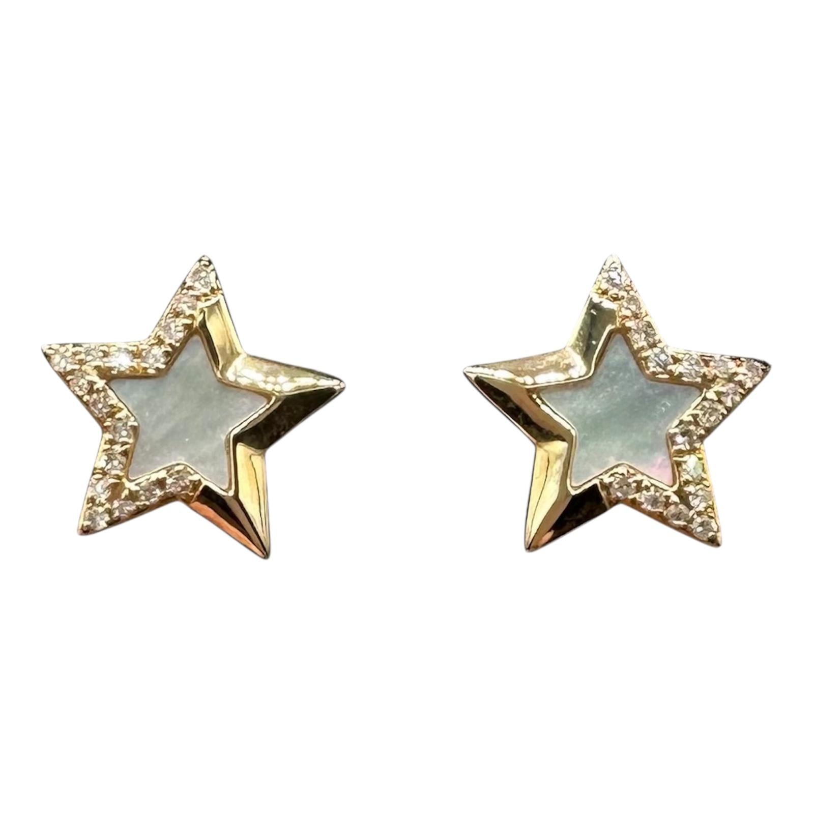 Effy Mother of Pearl Diamond Star Earrings 14K Yellow Gold 0.11ctw New