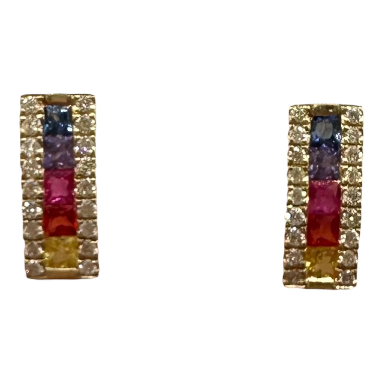 Rainbow Sapphire Diamond Earrings 10K Yellow Gold 0.20ctw New