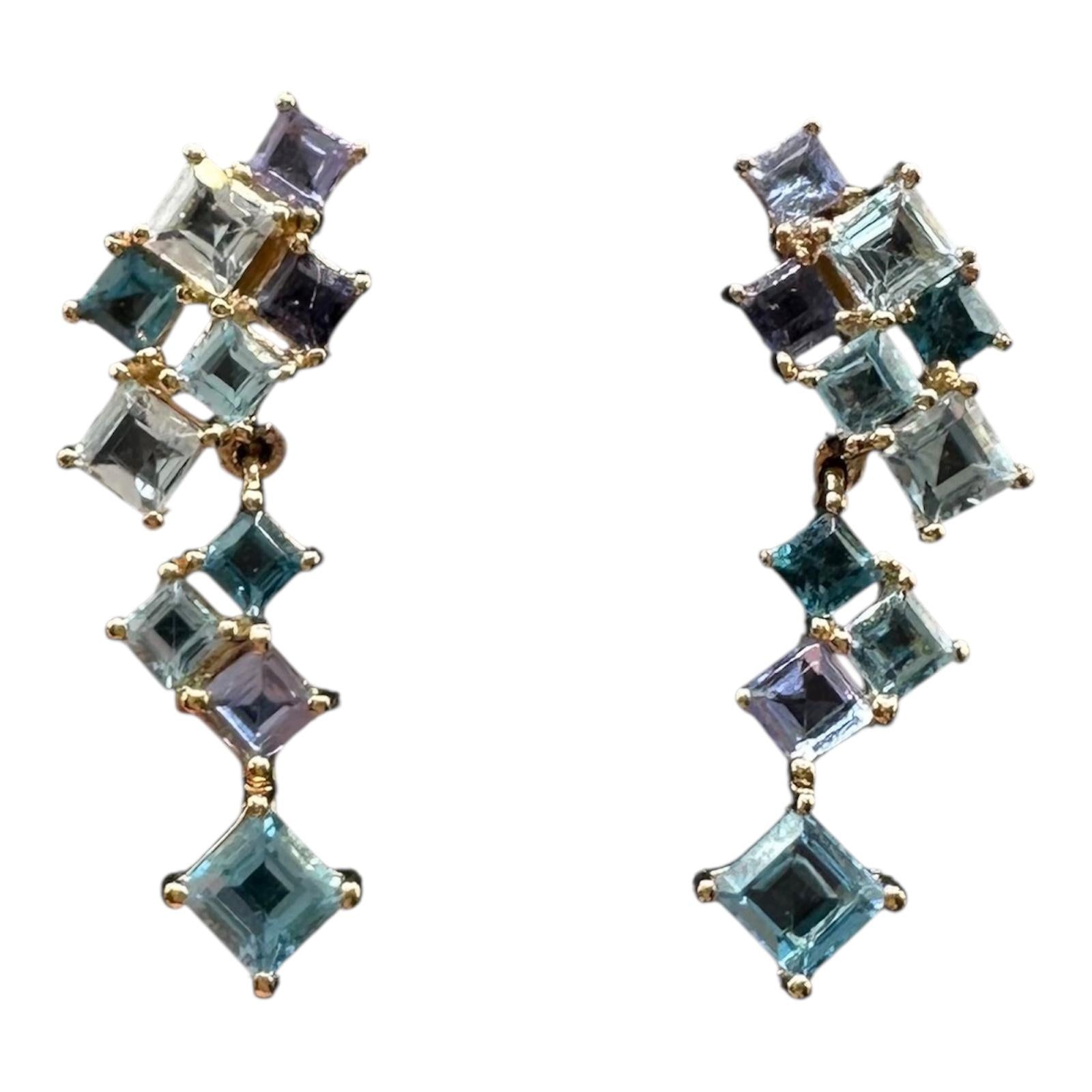 Multicolor Blue Gemstone Dangle Earrings 10K Yellow Gold 1.75ctw New