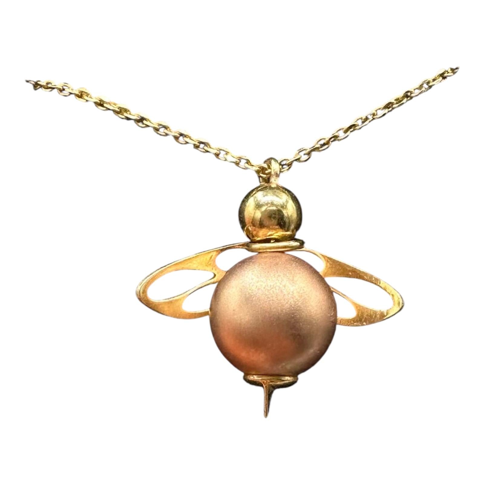 Bee Charm Pendant Necklace 14K Yellow Gold Rose Gold Accent Adjustable 18in