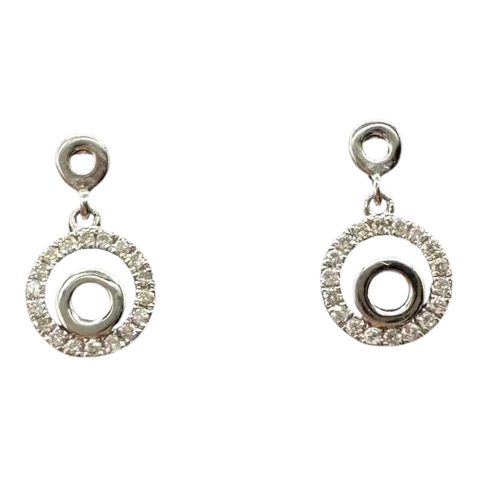 Diamond Circle Drop Dangle Earrings 14K White Gold 0.14ctw Pre Loved
