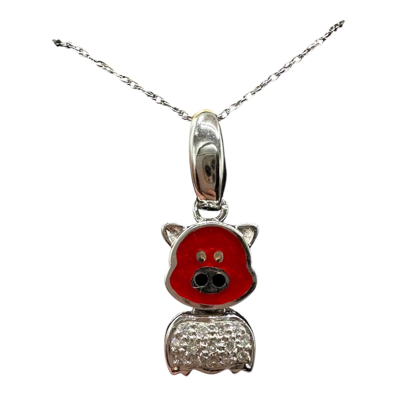 Enamel Diamond Cute Pig Necklace 18K White Gold 0.08ctw 18in New