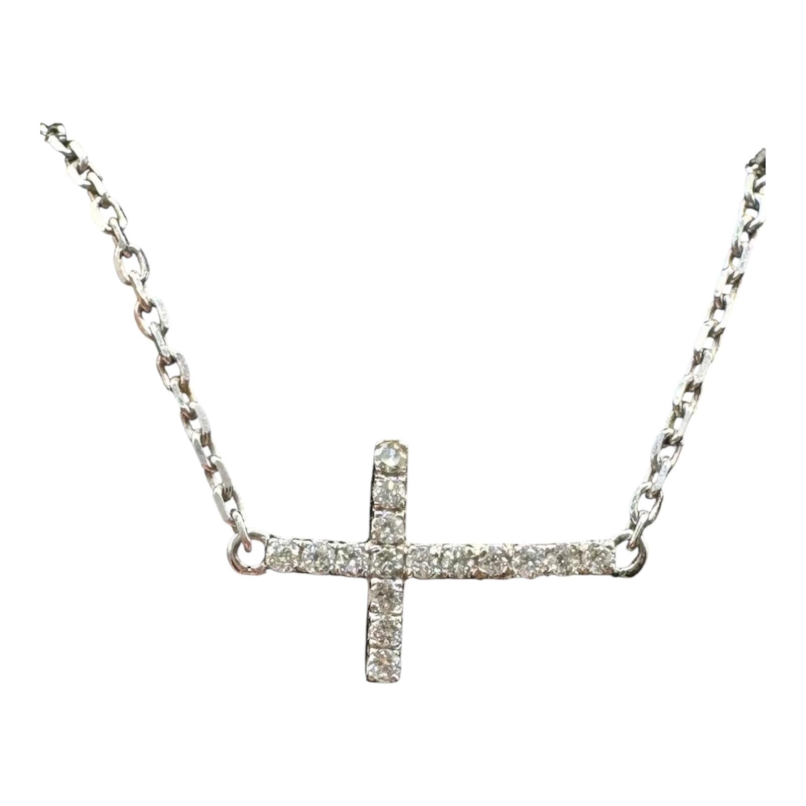 Estate Diamond Sideways Cross Necklace 14K White Gold 0.16ctw Adjustable