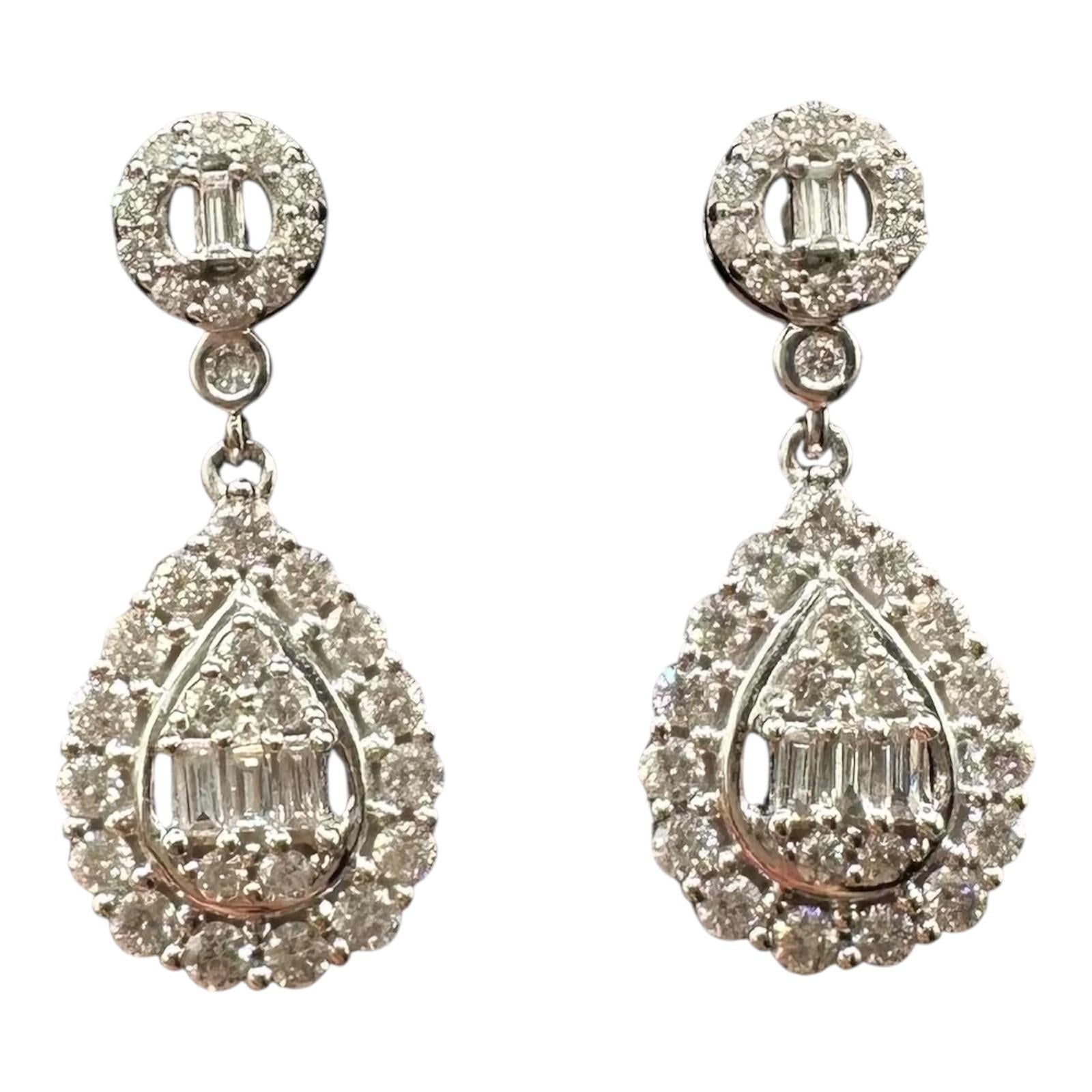 Diamond Drop Earrings 10K White Gold 1ctw GH SI Baguette Round Diamonds