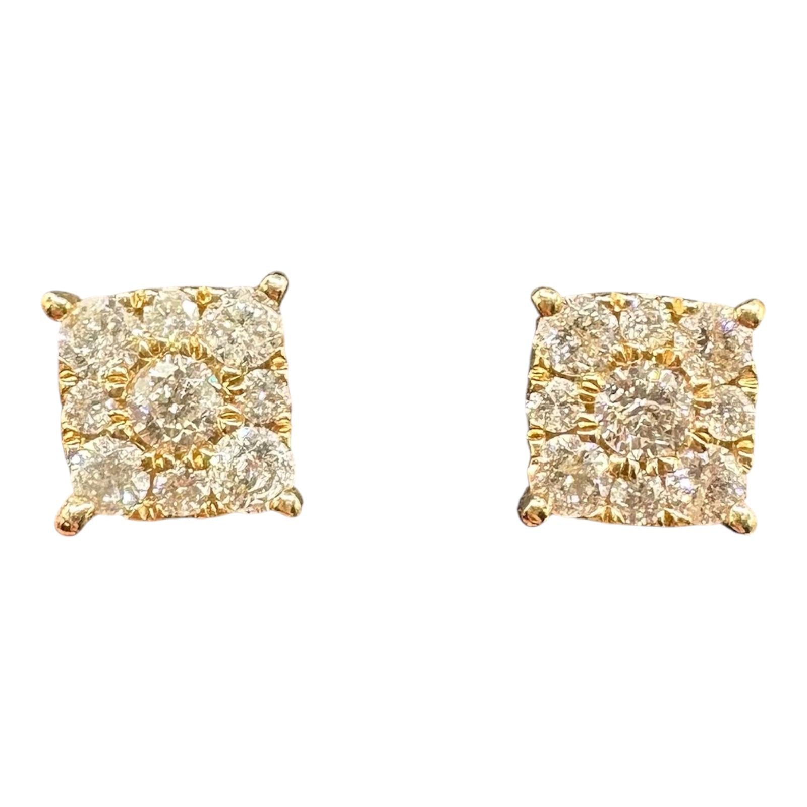Diamond Cluster Stud Earrings 10K Yellow Gold 1.50ctw Natural Diamonds New