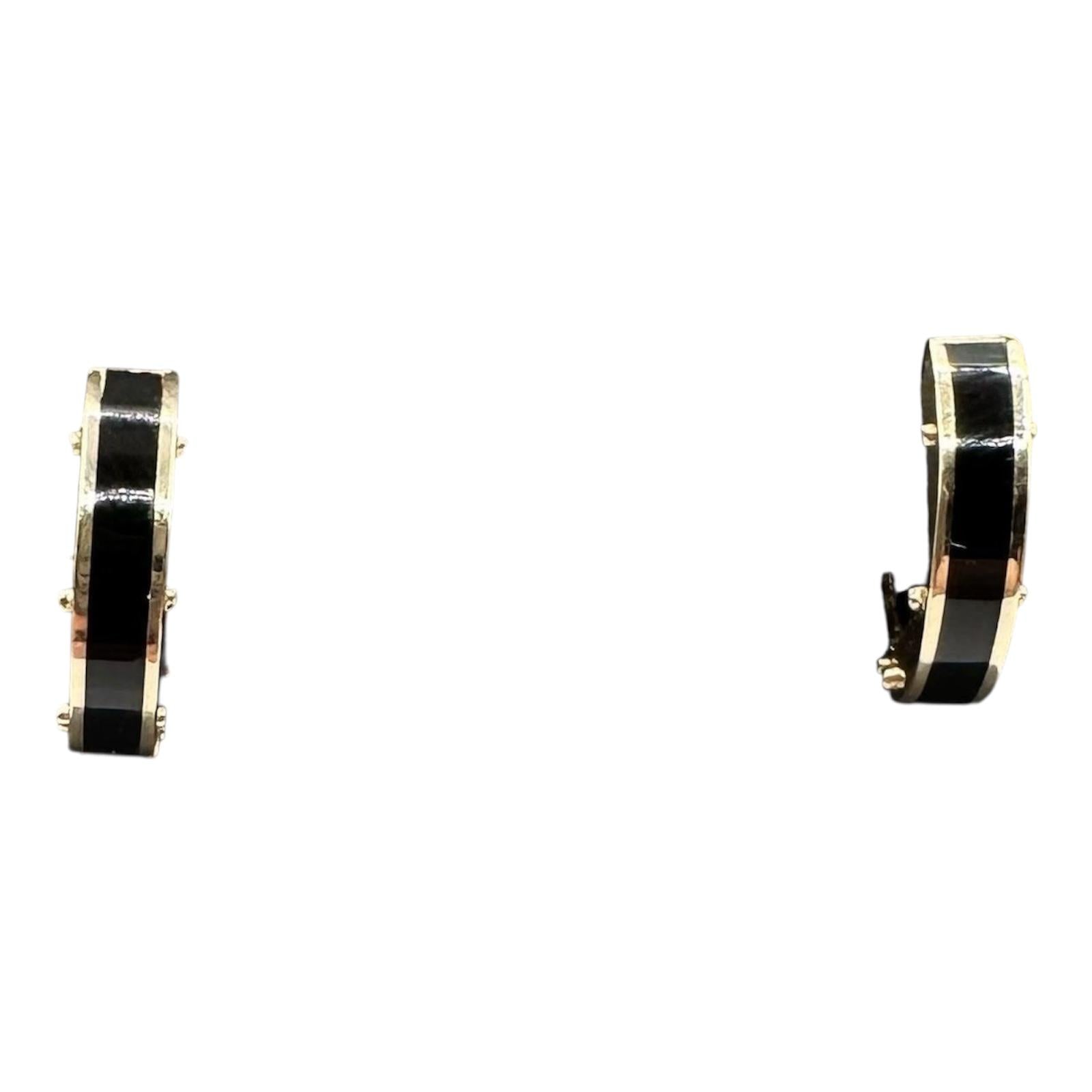 Black Enamel Inlay Huggie Earrings 14K Yellow Gold 4.3mm 14.7mm