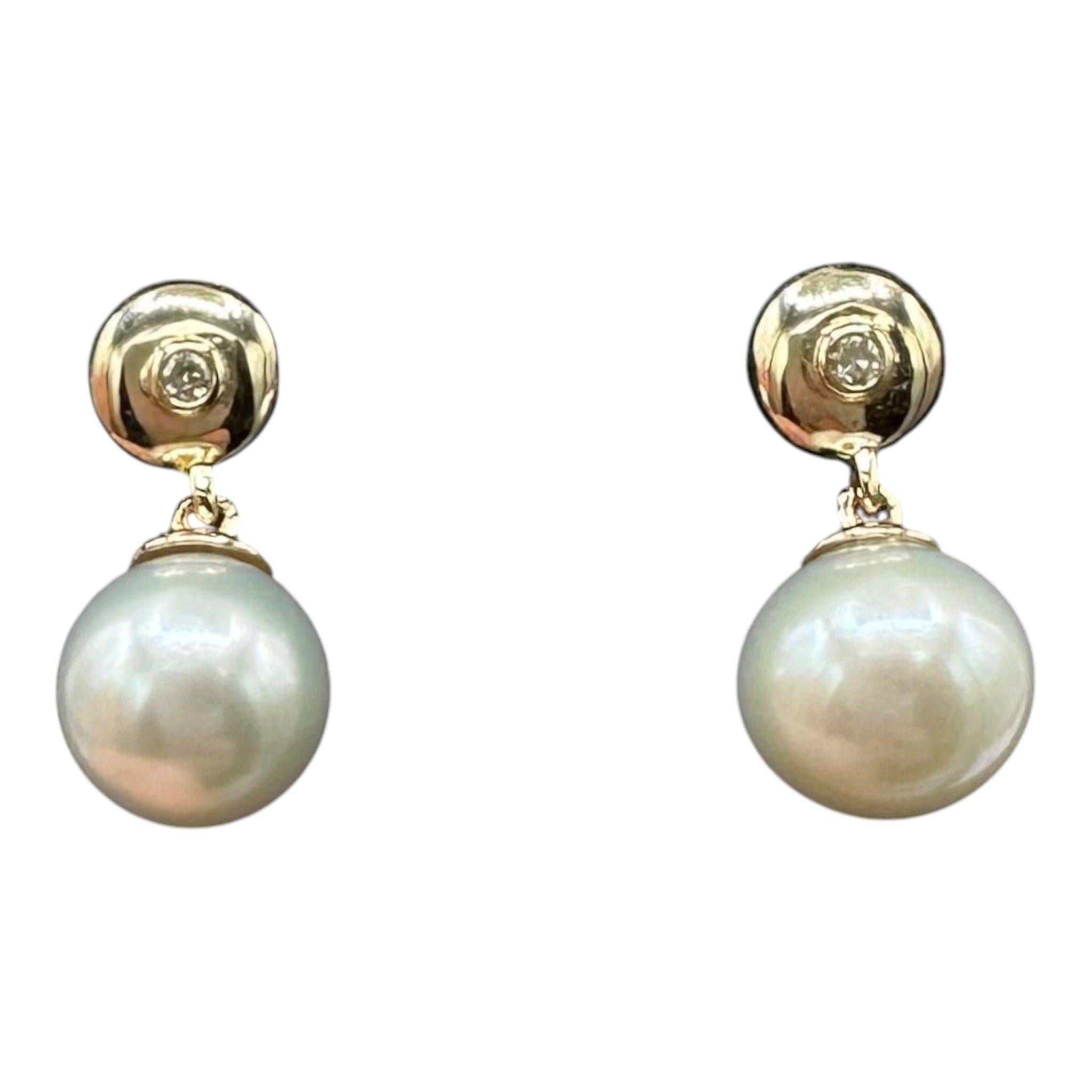 Pearl Diamond Dangle Earrings 10kt Yellow Gold 6.5mm Threaded New