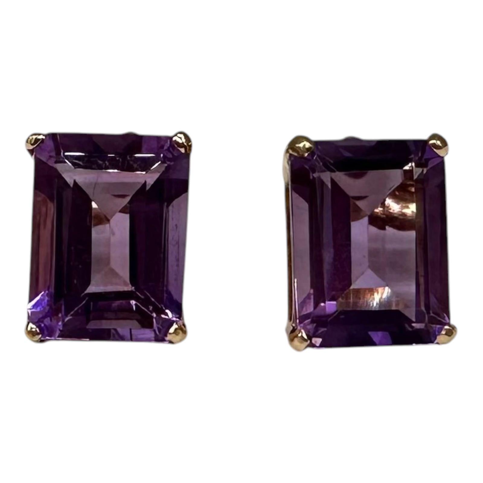 Amethyst Stud Earrings 14kt Yellow Gold 8x6mm Emerald Cut Estate