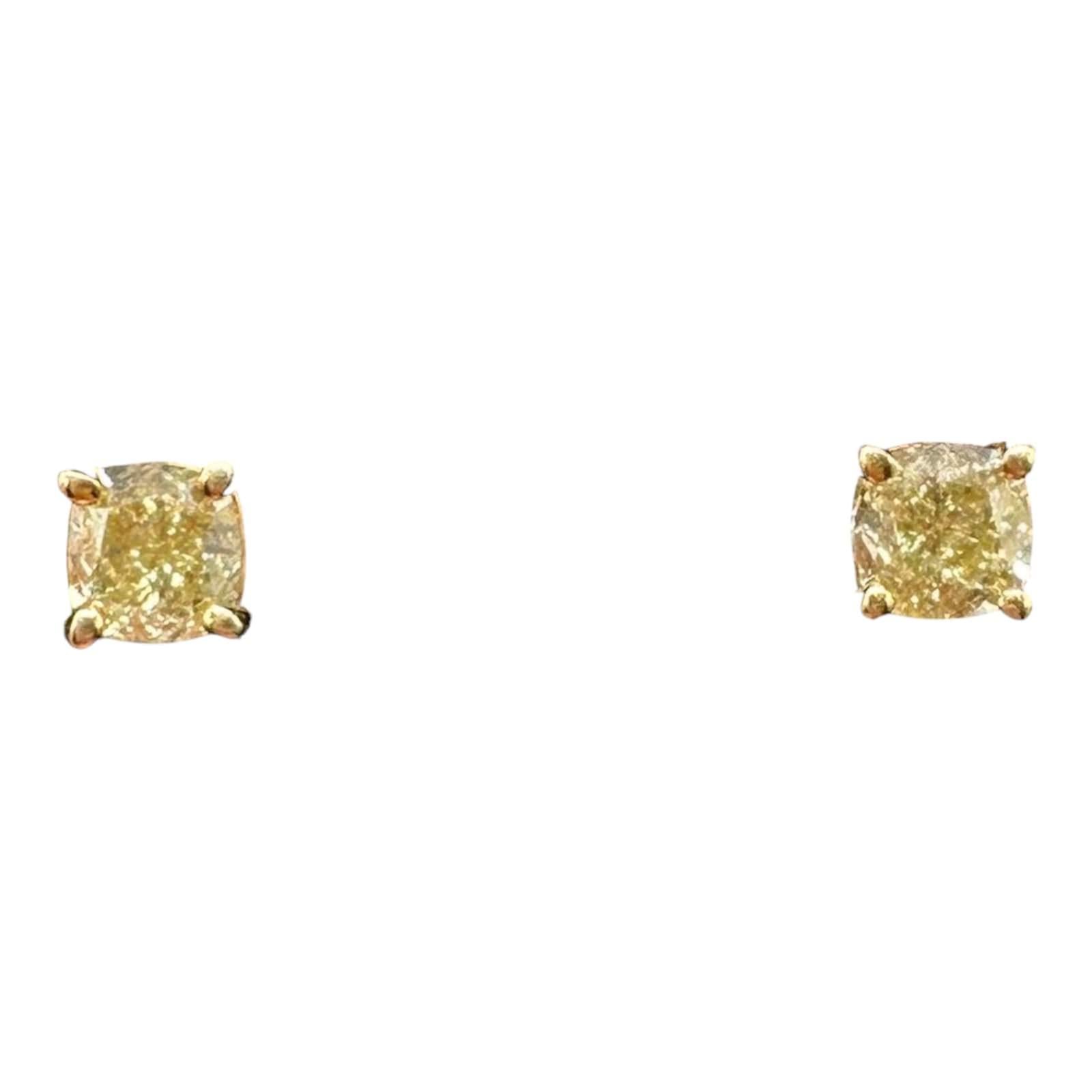 Natural Yellow Diamond Stud Earrings 14kt Yellow Gold 0.49ctw Cushion New