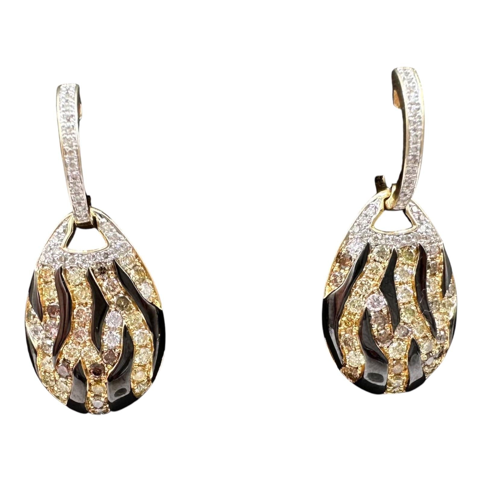 Diamond Enamel Animal Stripe Drop Earrings 14kt Yellow Gold 1.25ctw