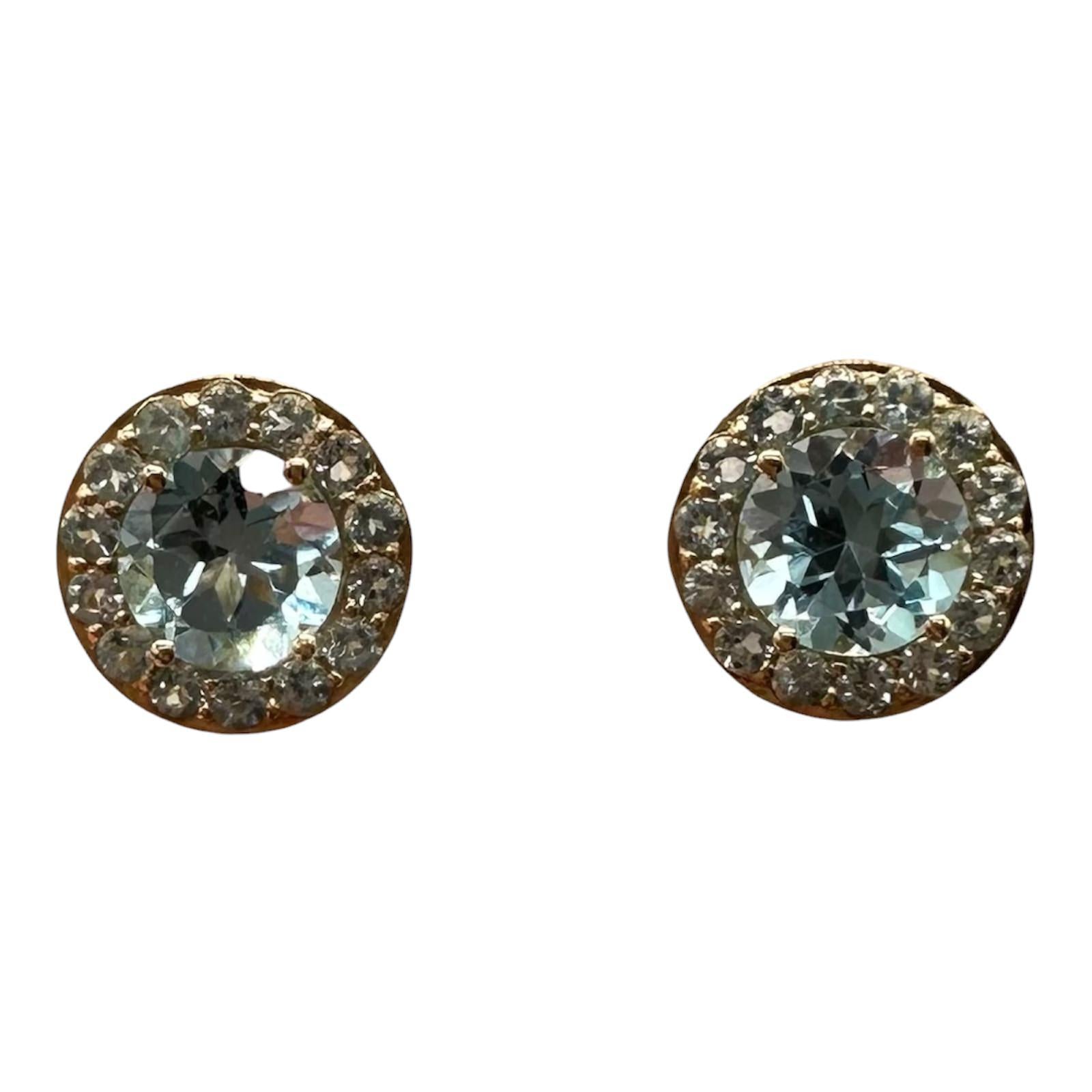 Blue Topaz Halo Earrings 10kt Yellow Gold 5mm Round Push Backs New