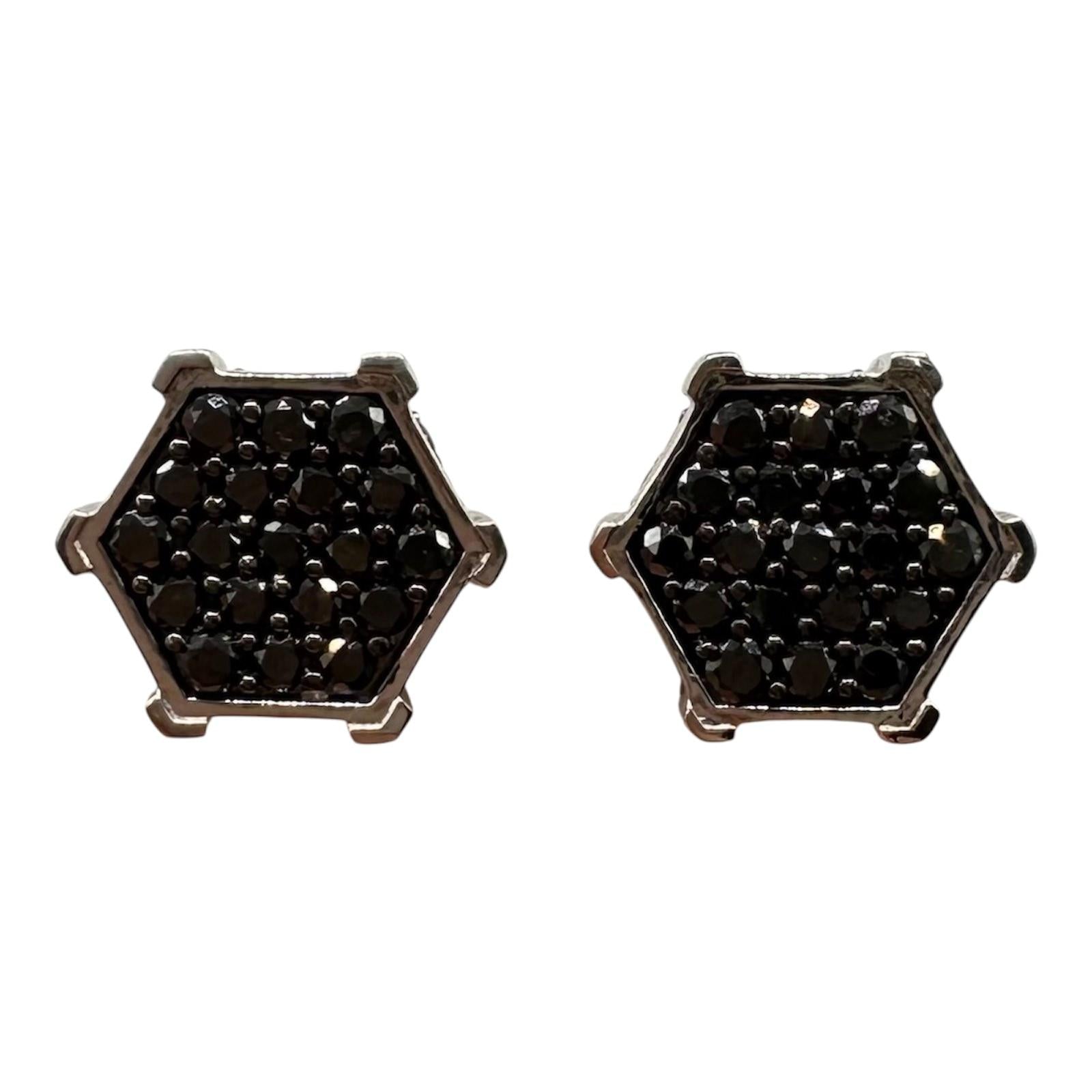 Black Diamond Hexagon Earrings Sterling Silver 1ctw Threaded Backs New