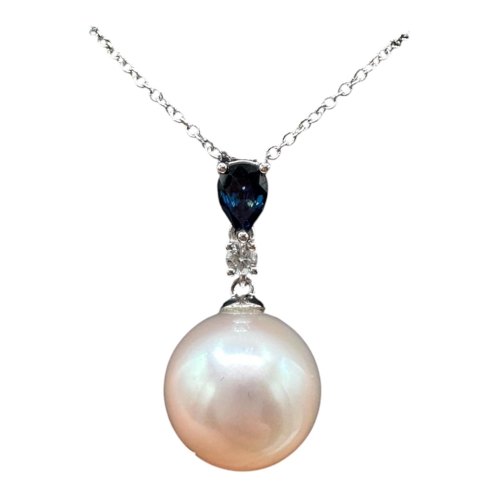 Designer Effy Pearl Sapphire Diamond Necklace 14kt White Gold NWT