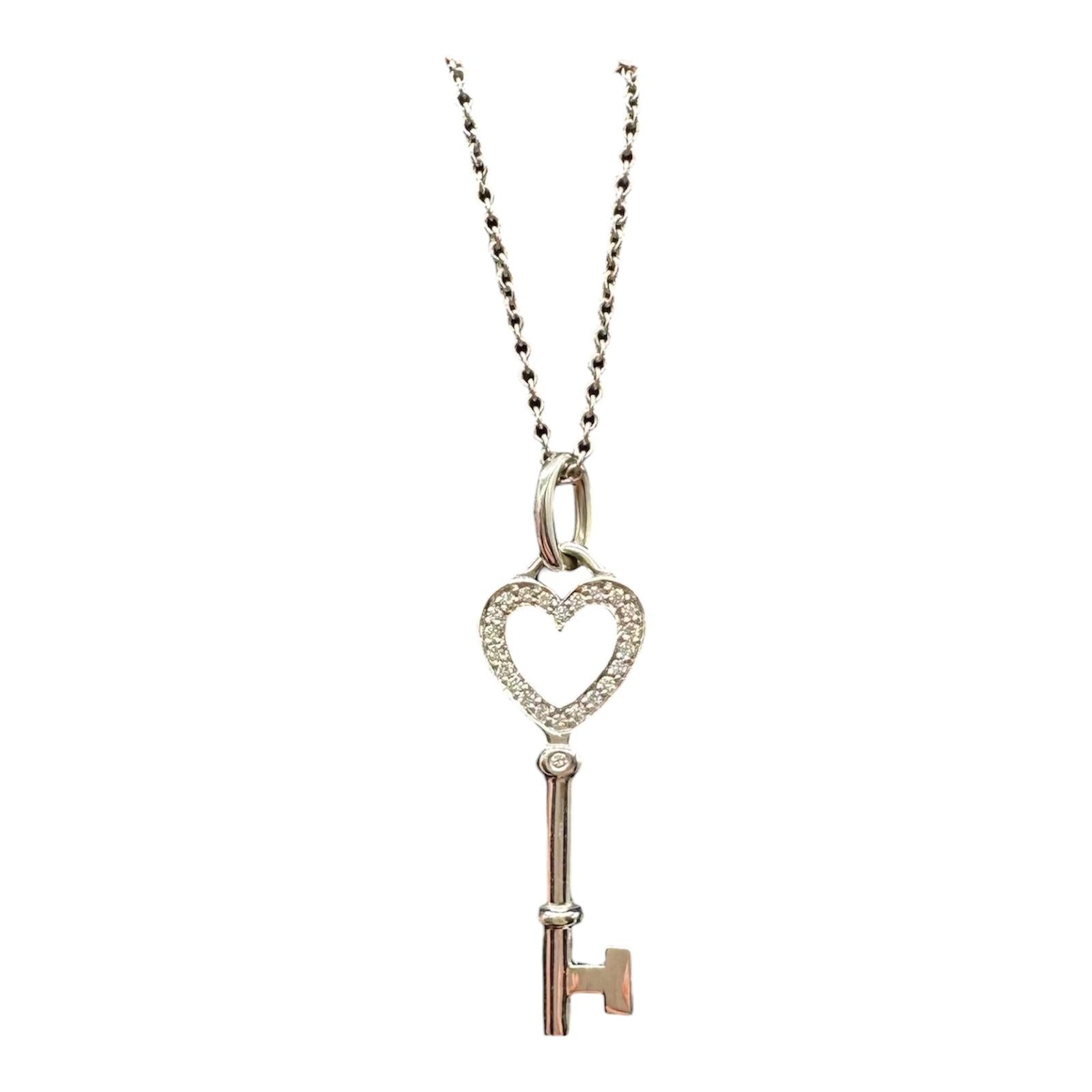 Designer Tiffany Diamond Heart Key Necklace 18kt White Gold 0.12ctw