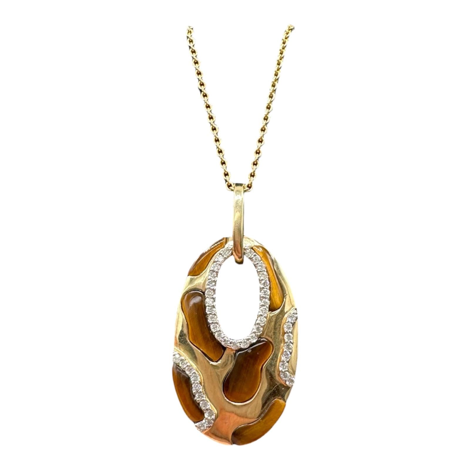 Diamond Tigers Eye Pendant Necklace 14kt Yellow Gold 0.25ctw Estate