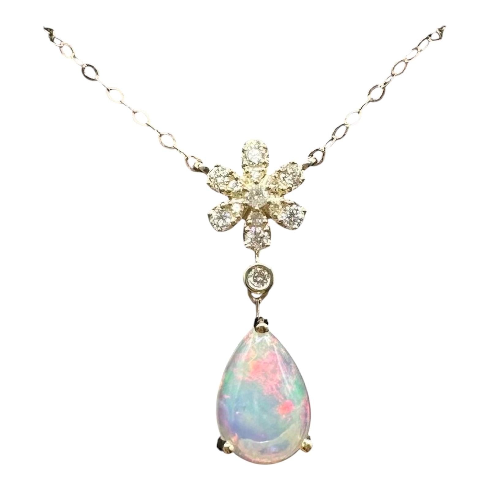 Opal Diamond Necklace 10kt Yellow Gold 0.94ctw Pear Cut 18in New