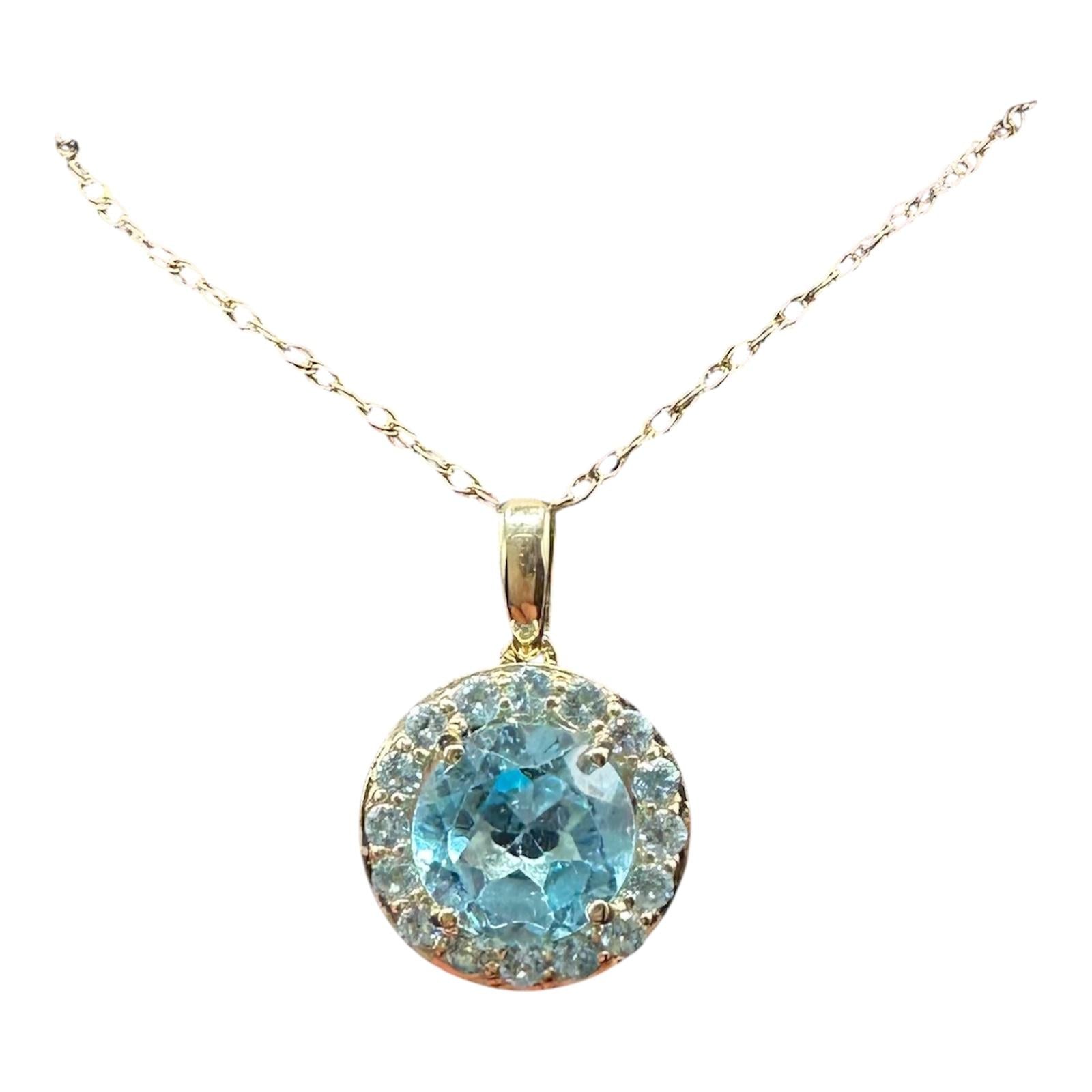 Blue Topaz Halo Pendant Necklace 10kt Yellow Gold 1.25ctw 18in New