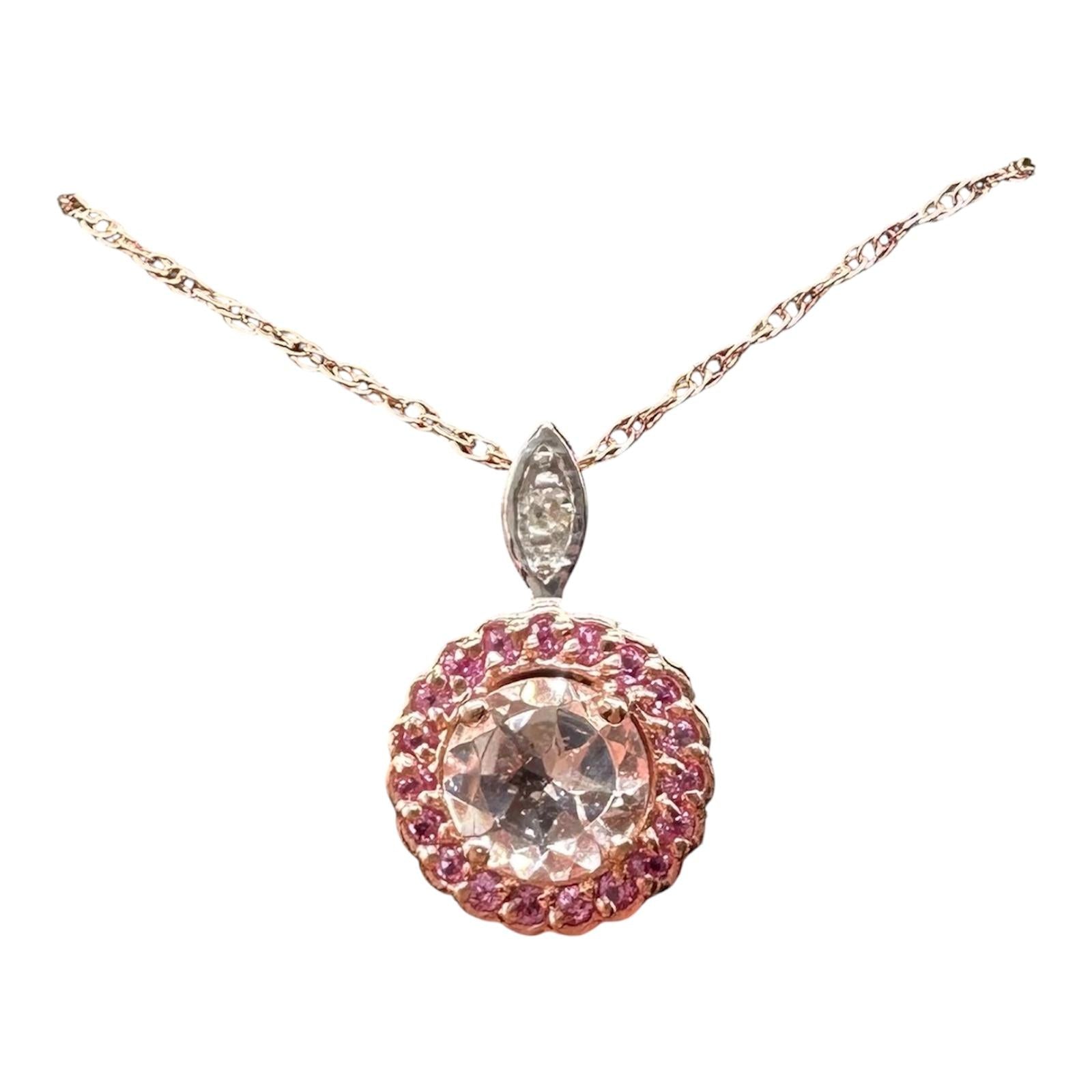 Morganite Pink Sapphire Diamond Necklace 10kt Rose Gold 18in New