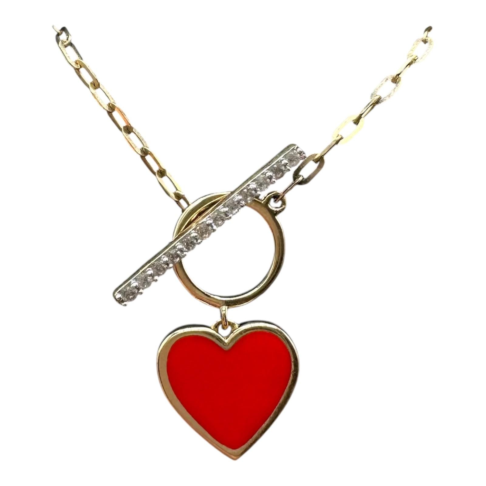 Enamel Heart Diamond Toggle Necklace 10kt Yellow Gold 0.09ctw New