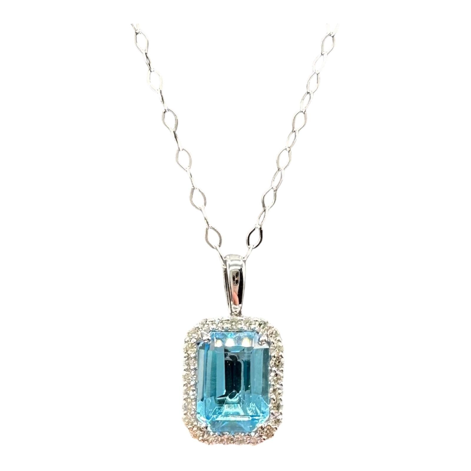 Blue Topaz Diamond Necklace 14kt White Gold Emerald Cut 0.13ctw New