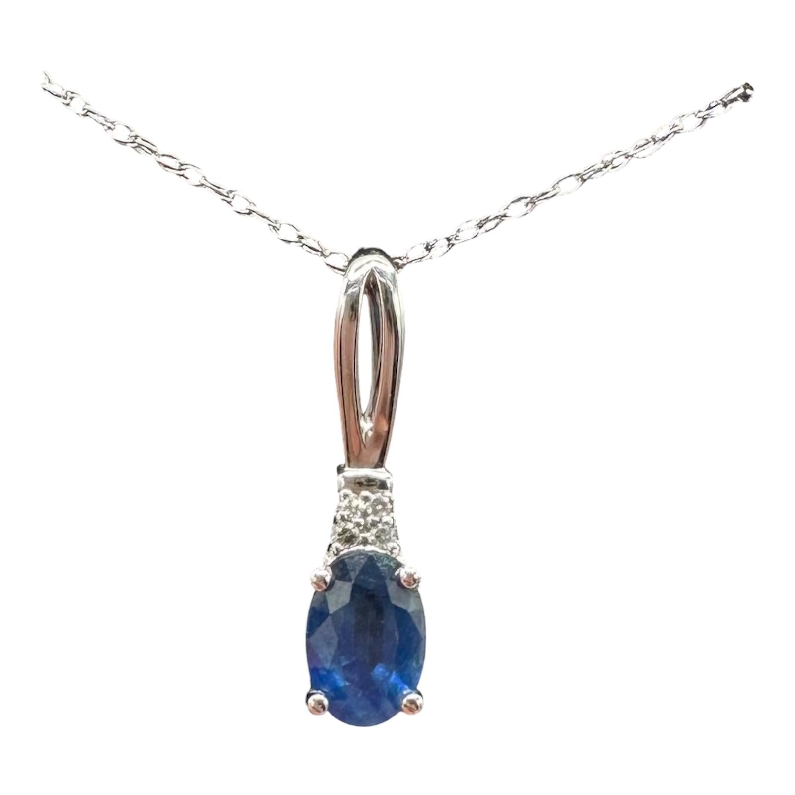 Sapphire Diamond Necklace 10kt White Gold Oval Blue Sapphire 18in New