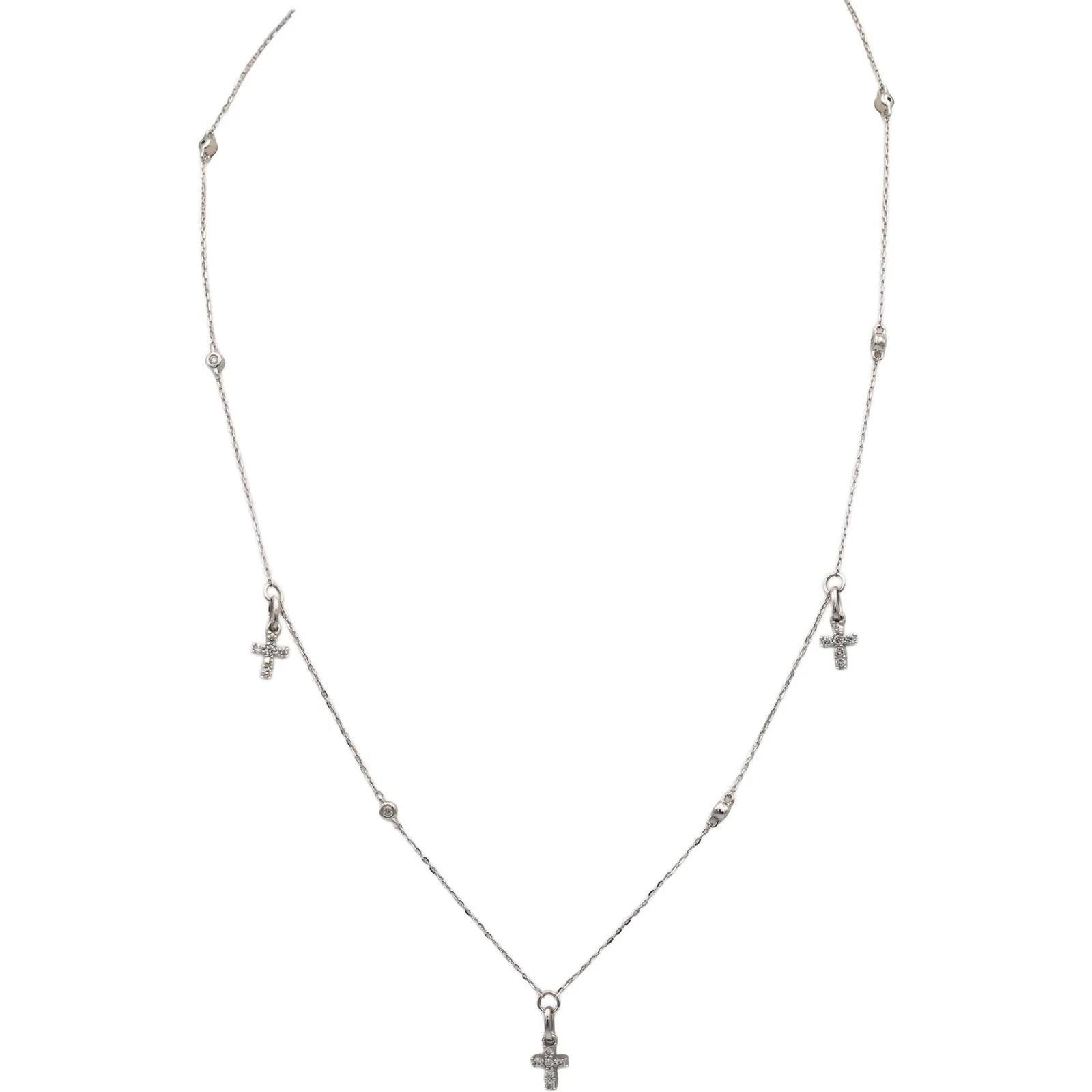 10k White Gold Round Diamond Cross Crucifix Dangle Chain Necklace 0.34CT