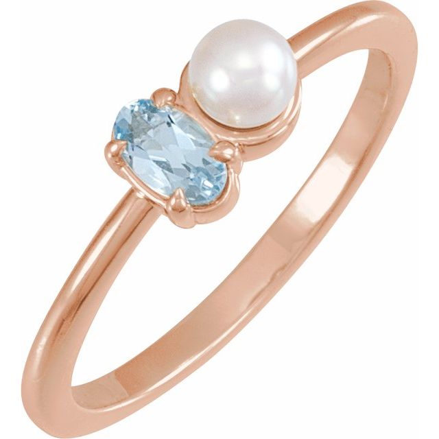 14K Rose Natural Aquamarine & Cultured White Akoya Pearl Ring
