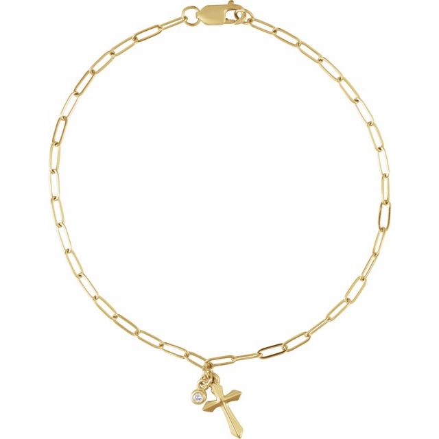 14K Yellow .03 Natural Diamond Cross Charm 7" Bracelet