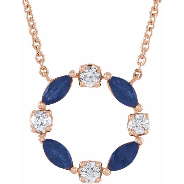 14K Rose Natural Blue Sapphire & 1/10 CTW Natural Diamond Circle 18" Necklace